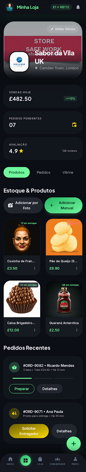 Painel da loja no aplicativo Brazuk